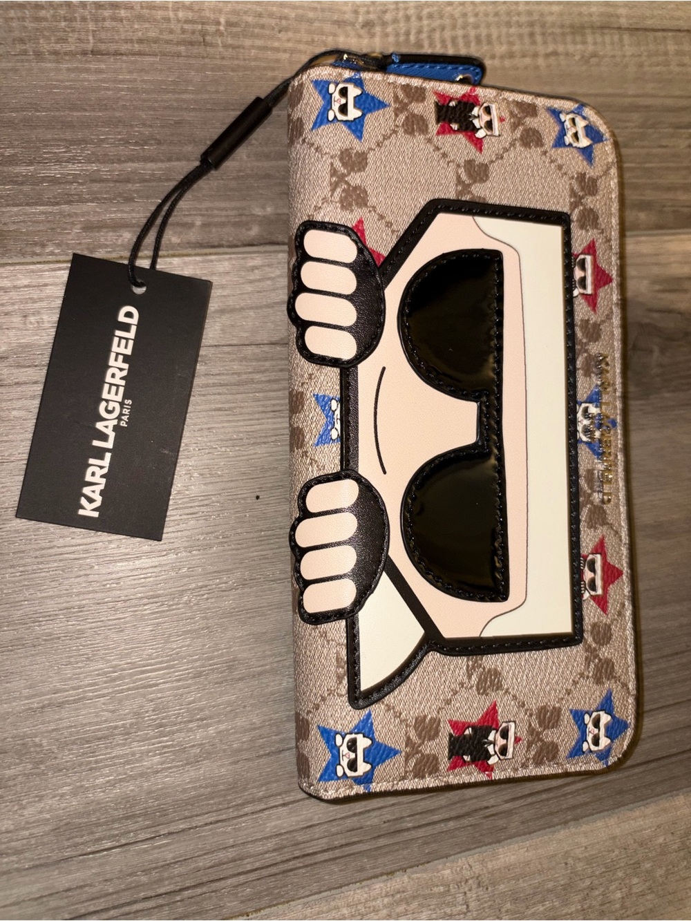 Karl Lagerfeld Kids Beige Cartoon Zip Wallet with Blue and Red Stars